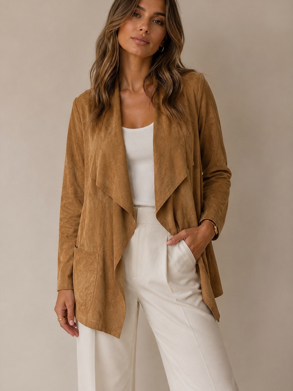 Max Studio Camel Faux Suede Waterfall Jacket Open Front Drape Cardigan Boho XL